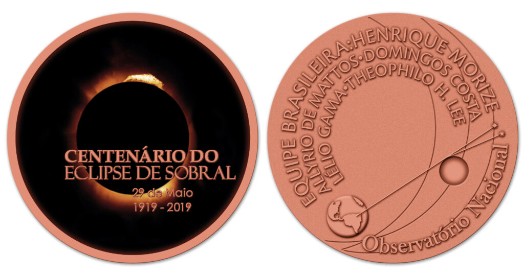 Desenho da medalha comemorativa do centenário do eclipse de 1919, criada pela Casa da Moeda do Brasil e o Clube da Medalha